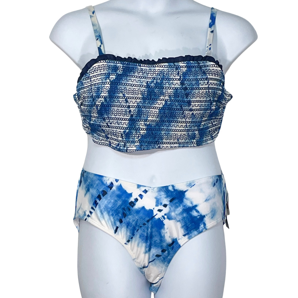 Ibiza Swimwear Bikini Set Plus Sz 1X Smocked Top  V-Cut Bottoms Blue Tie Dye